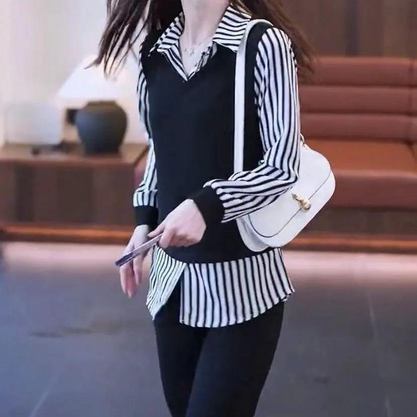 

Весна Осень Новая Рубашка ПОЛО с длинным рукавом в полоску, пэчворк, имитация двух частей, женская, корейский стиль, на каждый день, пуловеры 4XL чёрный