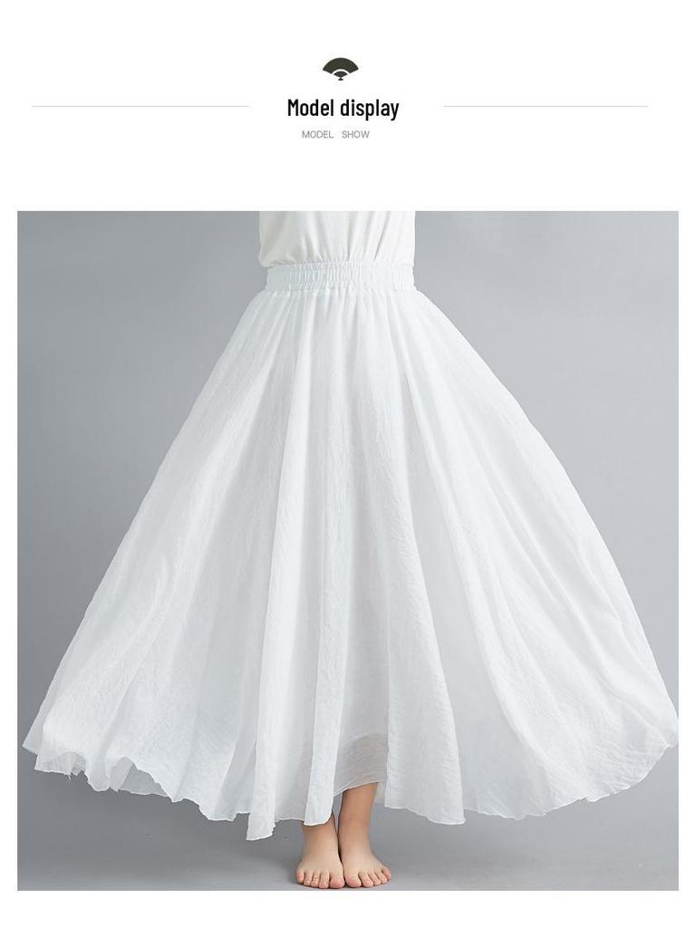 38-Color Plus Size Japanese Cotton Linen A-Line Midi Skirt with Elastic Waist