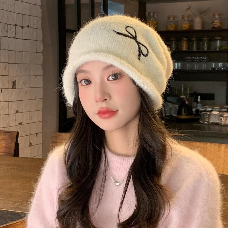 Sweet and Cute Bow Embroidered Knit Hat Autumn and Winter Versatile Warm Hat Outdoor Cold Protection Ear Protection Wool Hat