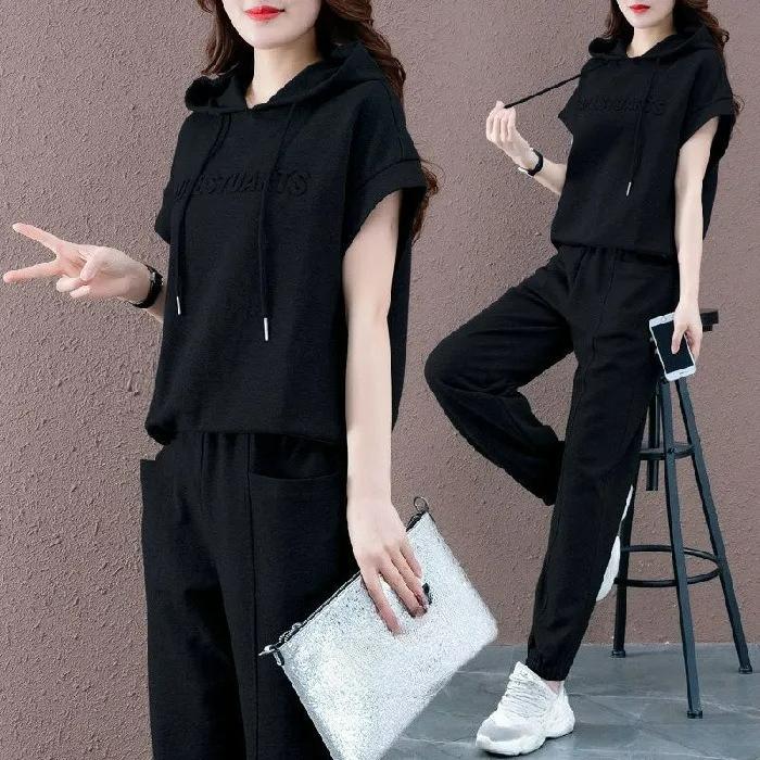 Женский спортивный костюм большого размера для полных, летний, свободный, тонкий, повседневный, модный, с капюшоном, двухпредметный 4XL чёрный