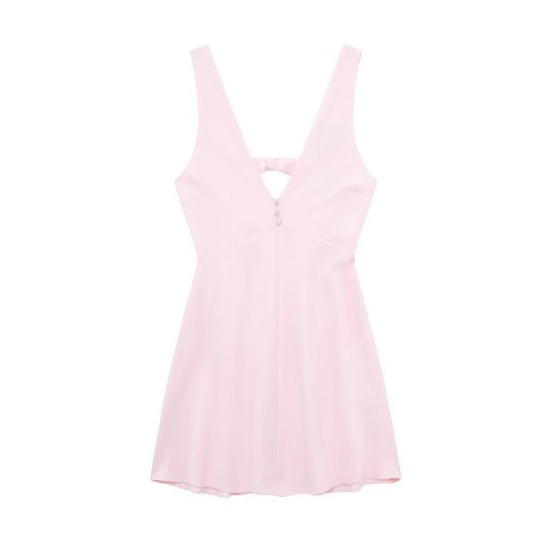 

European American Women s Clothing Fashion Jewelry Buttons V-neck Strap Short Dress L розовый