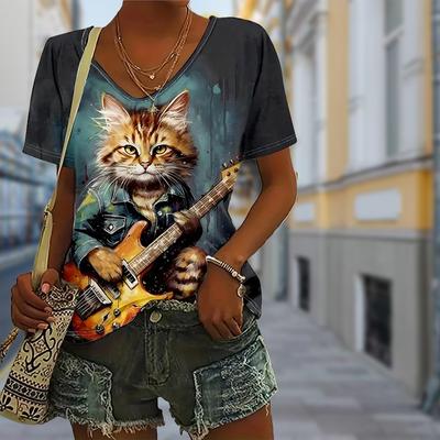 Μόδα Γυναικείο T-shirt με στάμπα Γάτα που κρατάει Κιθάρα Αστείο Καθημερινό Λαιμόκοψη Ο Κοντομάνικο T-shirt Καλοκαιρινό Γυναικείο T-shirt