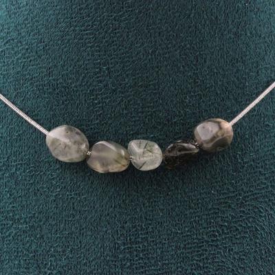 Stones and Minerals. Necklace 5 Beads Green Rutilated Quartz from Brazil Steel Chain Necklace for Women, Men. Customizable Size.