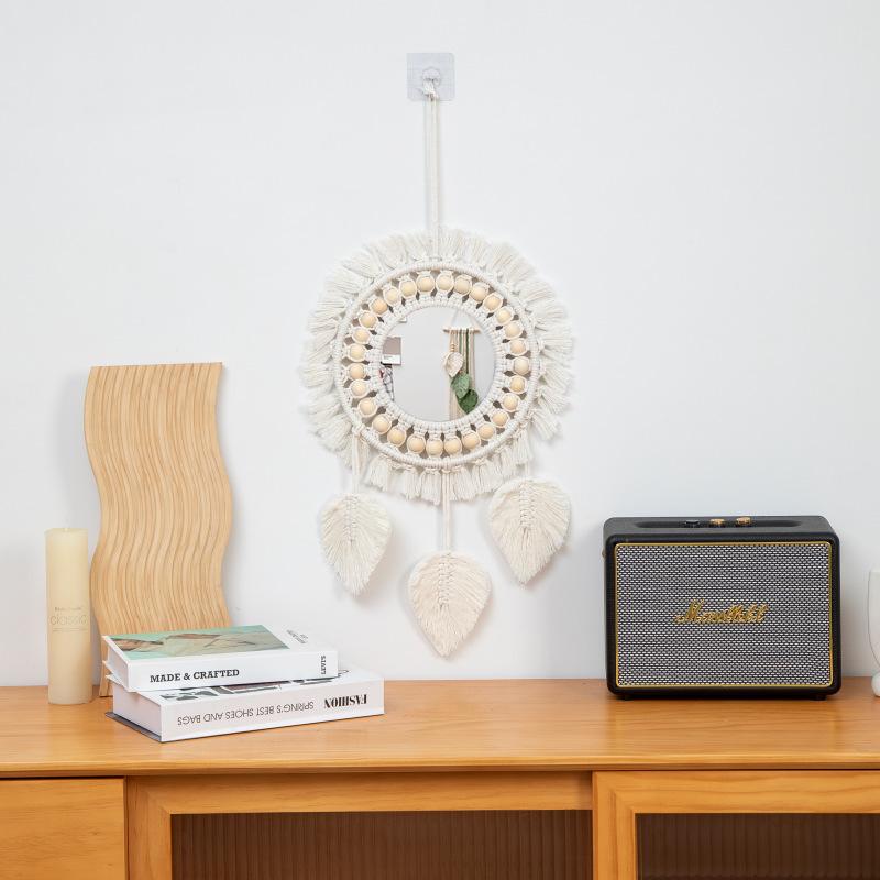 Mirror Decoration Tapestry Bohemian Style Woven Handmade Cotton Thread Wood Bead Tapestry Mirror Bedroom Makeup Mirror