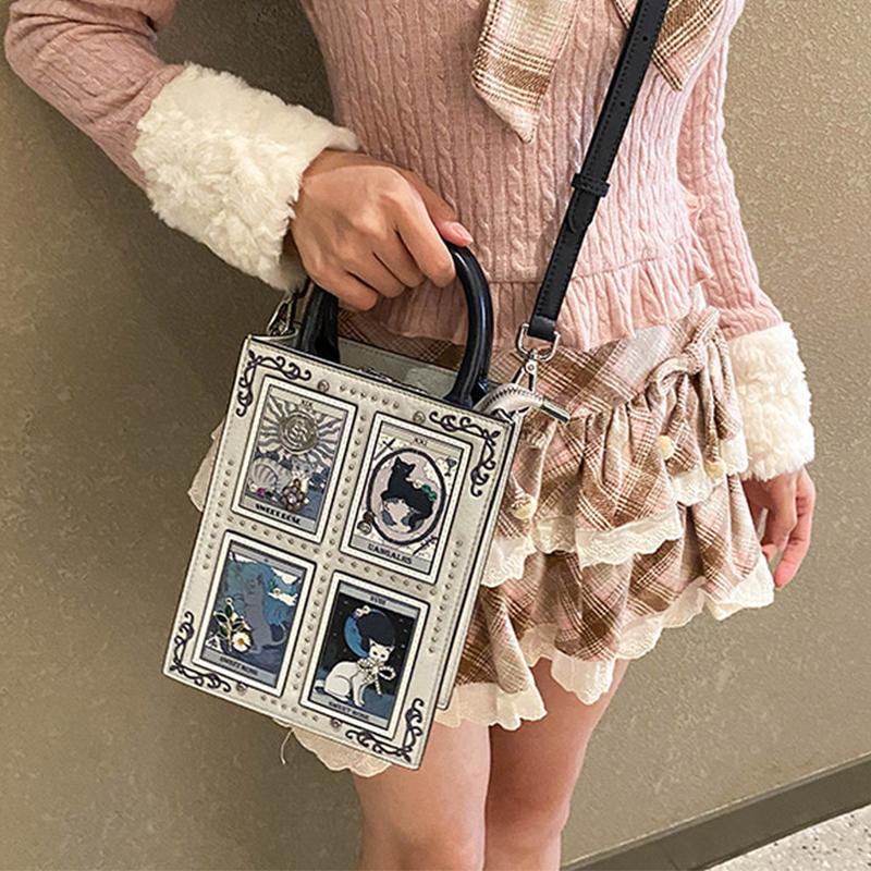Tarot Card Cat Print Tote Bag With Rivet Trim Chic Top-handle Crossbodybag Women Gothic Square Handbag Stylish Daily Shoulderbag