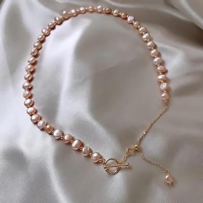 Women's Titanium Freshwater Pink Pearl Necklace Buckle Pull-Out