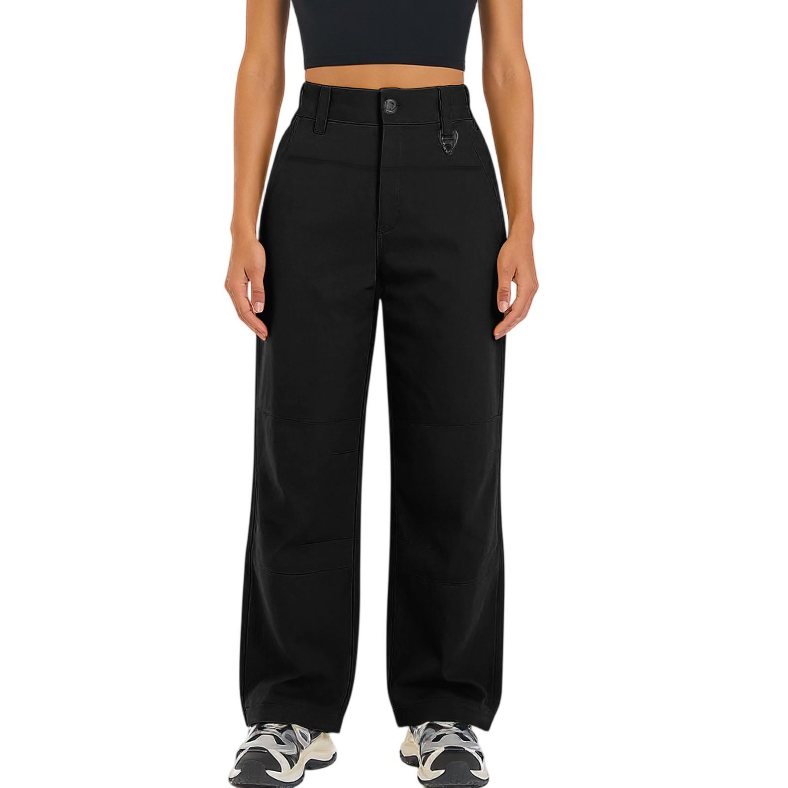 

Ladies Fashionable Solid Color Work Pants With High Waist Pockets And Elastic Waist Casual Pants L чорний