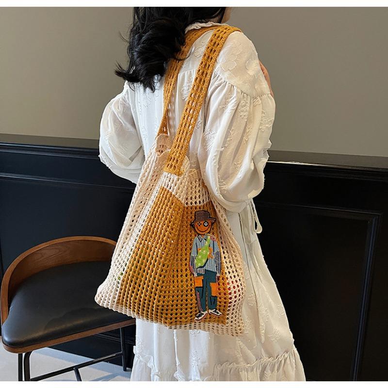 Fashion tote big bag spring new woven hollow mesh pocket casual cartoon fresh shoulder bag bag