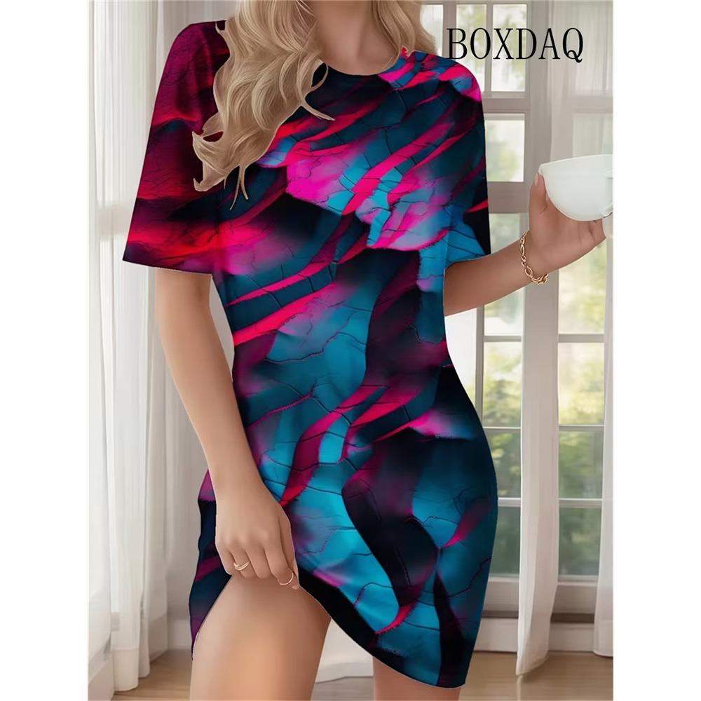 Tie Dye Abstract Gradient Striped Print Dresses For Women 2026 Summer Clothing Casual Short Sleeve Loose Dress