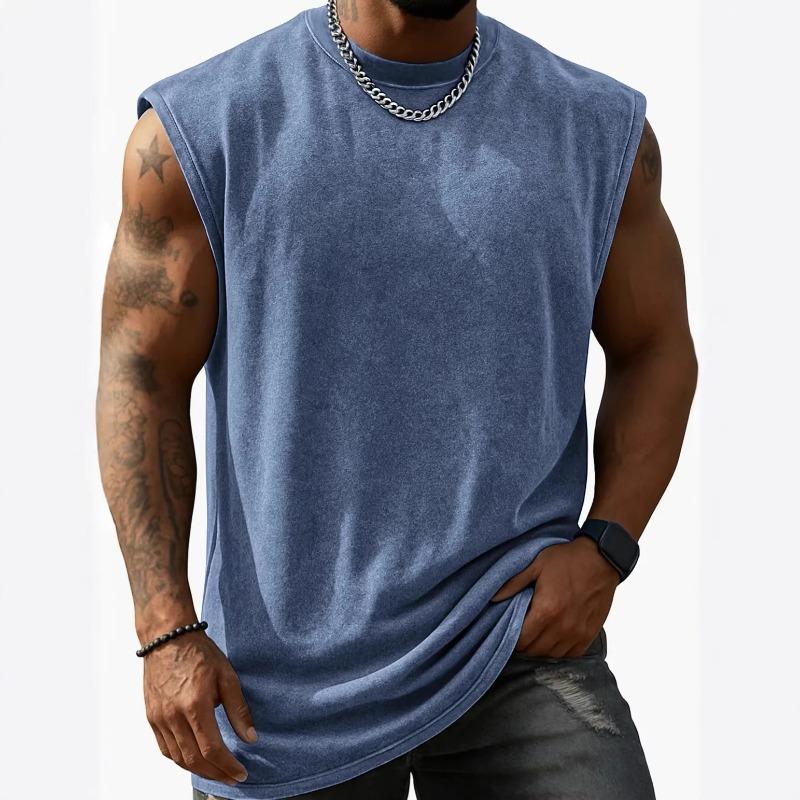 Men Washed Sleeveless Tank Top Crew Neck Multi Color Casual Gym Vest