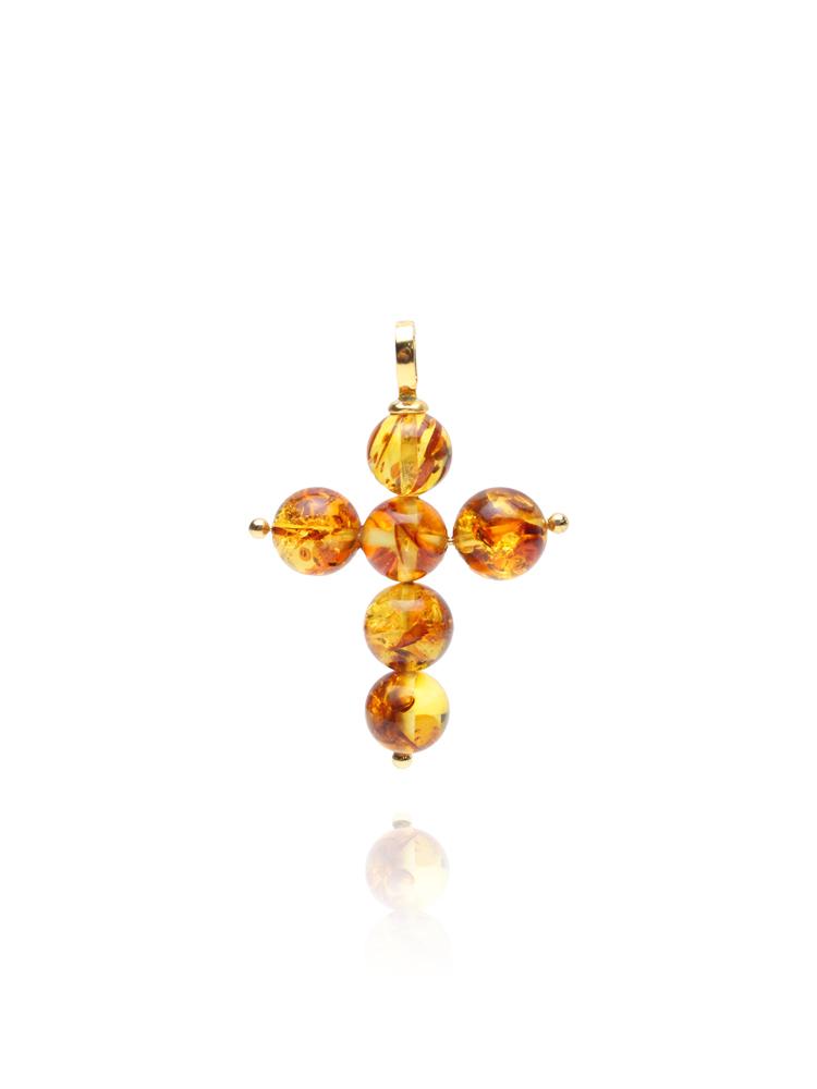 Bien Vetu Baltic Gold Amber Cross Pendant 8Mm, 925 Silver Finish