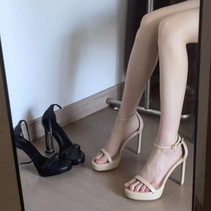 Summer New Sw Waterproof Table One-word Buckle High Heels Women's Stiletto Black Sexy Versatile Fashion Sandals