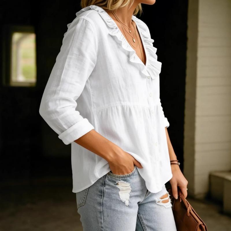 Solid Color Ruffled Long Sleeve V Neck Casual Womens Blouse