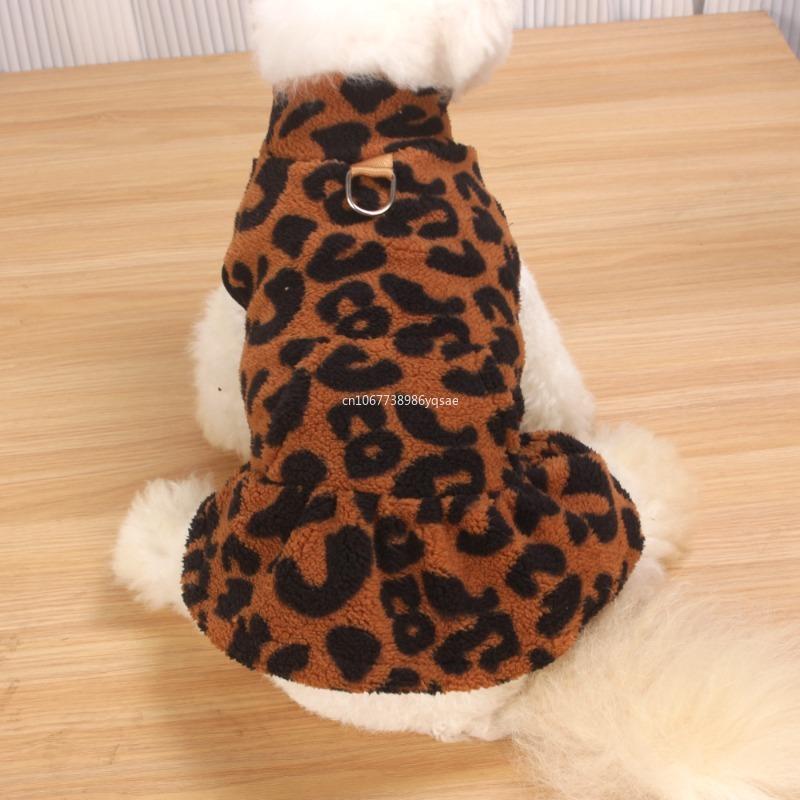 Leopard Dog Dress Coat Winter Fleece Pullover Sweatshirt Pet Clothes Sleeveless Vest Hoodies Puppy Skirt for Small Dogs Chiwawa
