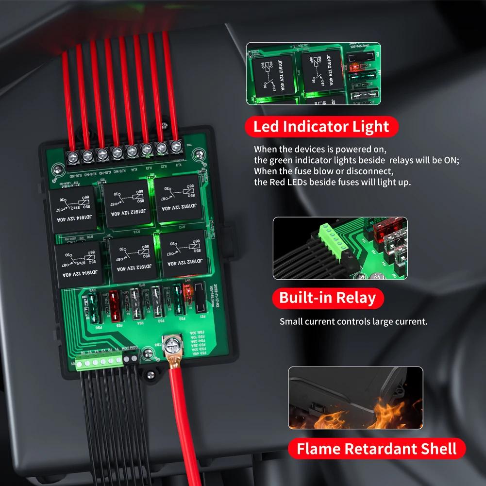 Relay Box Fuse Relay Box 12V Automotive Universal Fuse Panel with 6 Way Relays and 14 x ATC/ATO Blade Fuses 12 Volt Fuse Box
