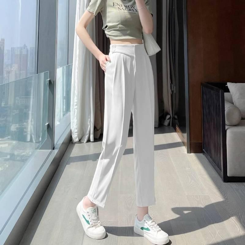 

Women s High-Waisted Black Ice Silk Cropped Harem Pants – Slim Fit, Petite Size, Spring Collection M