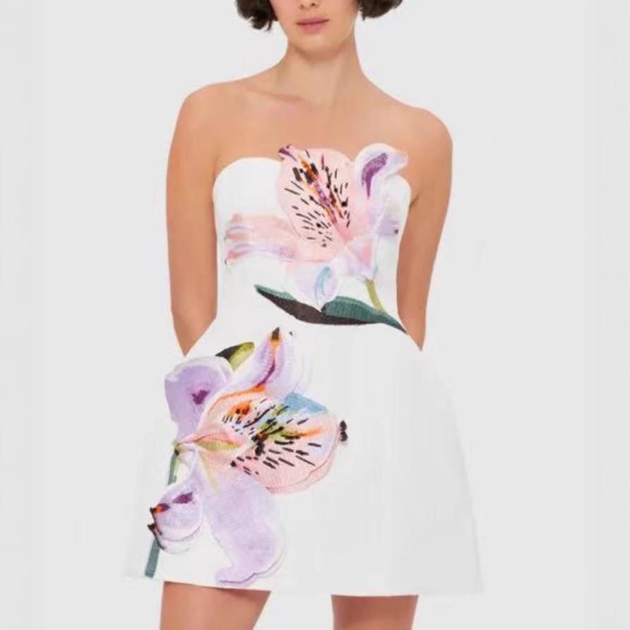 Women's Summer Strapless 3D Floral Patchwork A-Line Mini Dress, Elegant Fashion Cocktail Party Short Tube Dress