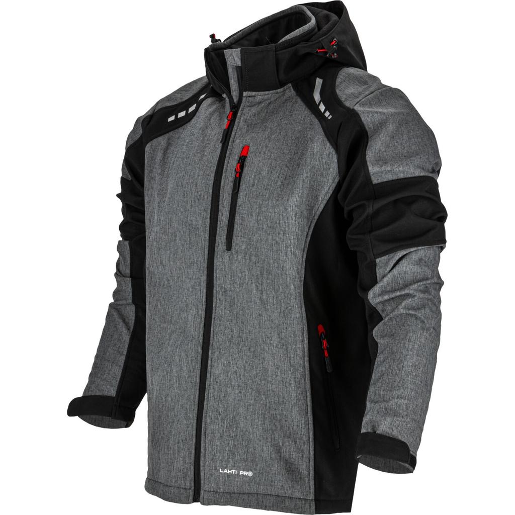 Softshell Jacket With Hood, Gray-Black-Red, "", Ce, Lahti