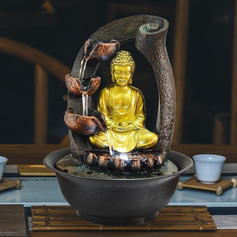 Handgefertigte Buddha-Statue Dekorative Brunnen Innenwasser Harz Handwerk Geschenke Feng Shui Schreibtisch Heimbrunnen 110V 220V