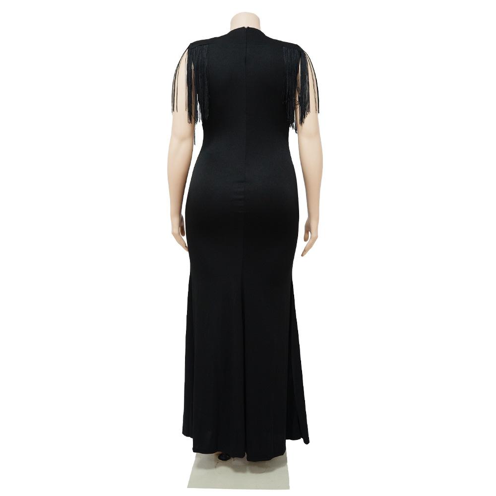 Plus Size Fringe V Neck Maxi Dress Long Sleeve Mermaid Gown Curvy Bodycon Fishtail Long Dress Sexy Tassel Shoulder Evening Party Formal Wedding Gown