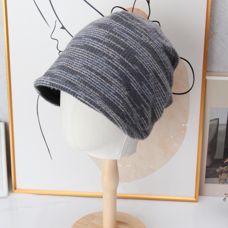 Mixed Color Striped Knitted Pile Hat Women's Autumn and Winter Velvet Thermal Pullover Hat Retro Versatile Bag Head Knitted Hat
