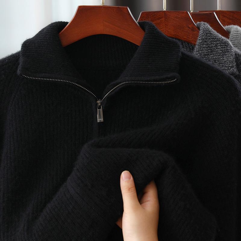 Herren-Cardigan-Pullover aus reiner Wolle mit hohem Kragen und Reißverschluss - Herbst/Winter Dick gestrickt, einfarbig