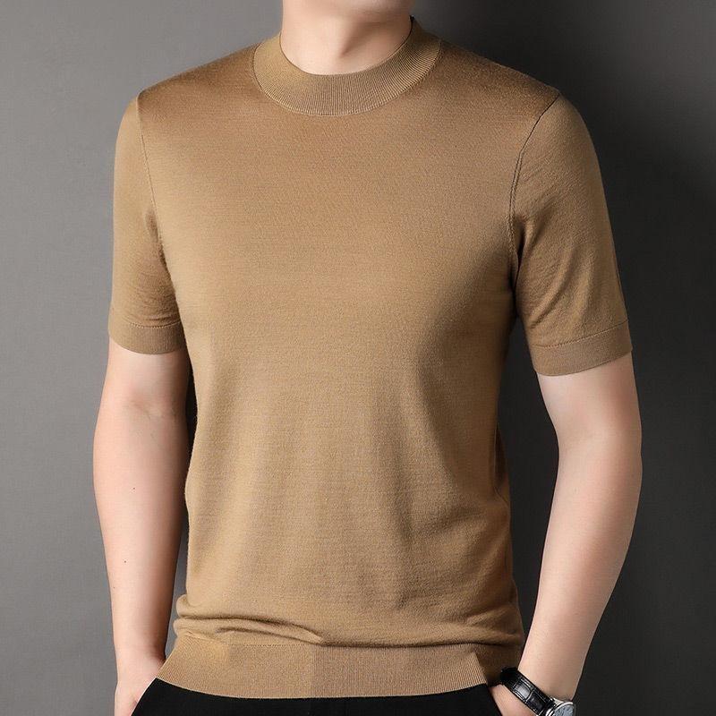 T-shirt Estiva da Uomo a Maniche Corte in Filato Pettinato Mercerizzato Versatile Moda Abbigliamento Maschile Collo Alto Mezzo Casual Base Top a Maglia