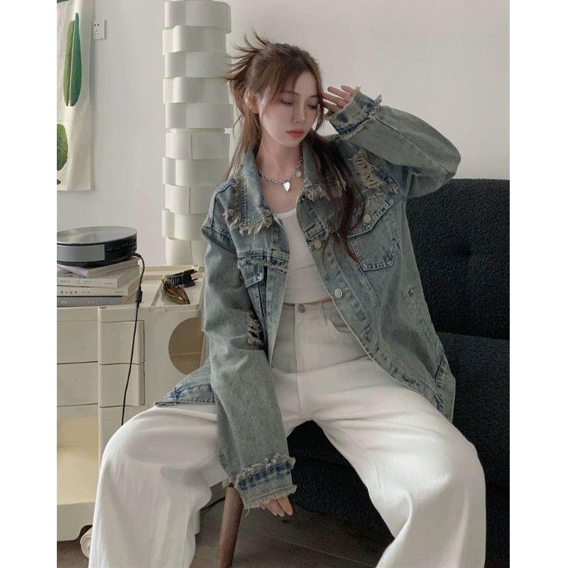 Spring 2025 Women's Retro Loose Ripped Denim Jacket