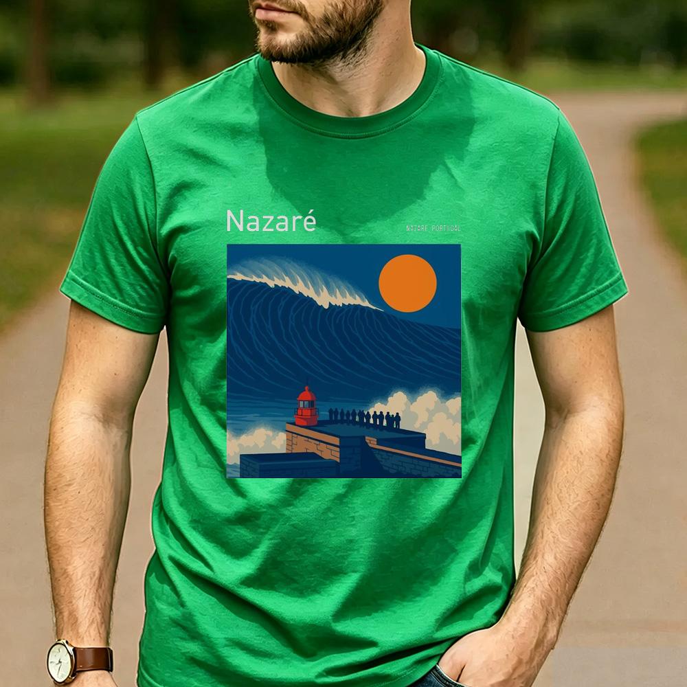 European Surf Travel Graphic T Shirt Nazar Portugal Giant Wave Lighthouse Print Unisex Cotton Crew Neck Holiday Tops
