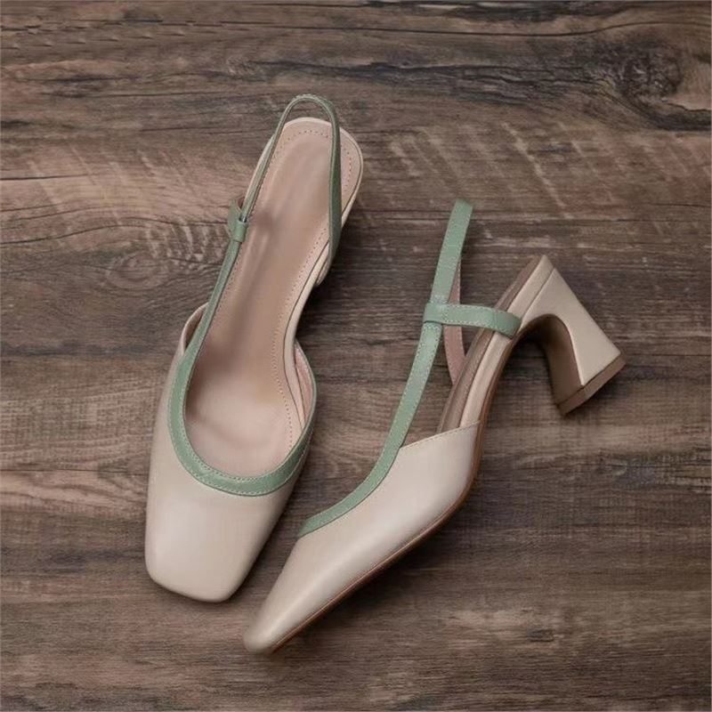 In the summer of 2024, the new French style bag head square head high-heeled women's shoes fashion thick heel one-word buckle belt sandals women