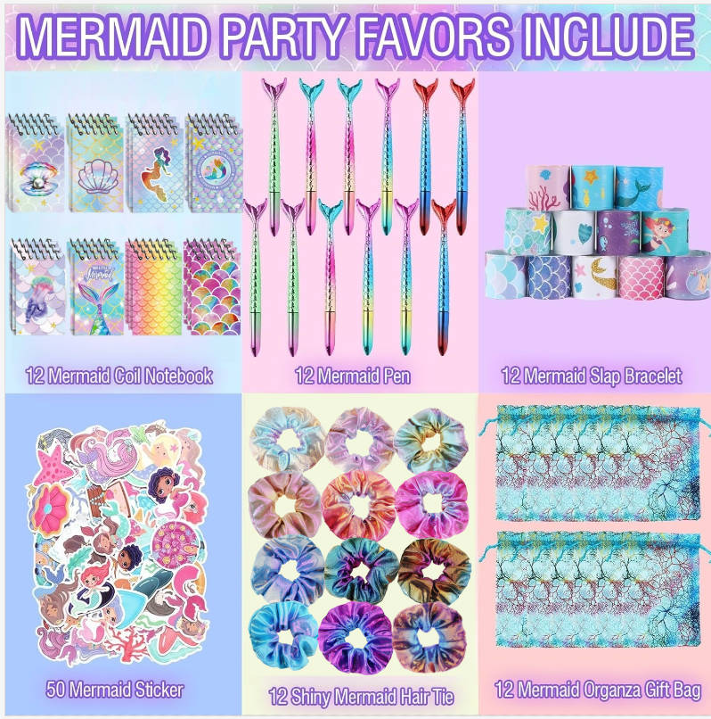 110PCS Mermaid Party Favors Mermaid Birthday Decorations Include Pen Notepad Metallic Scrunchies Slap Bracelet Gift Bag Sticker