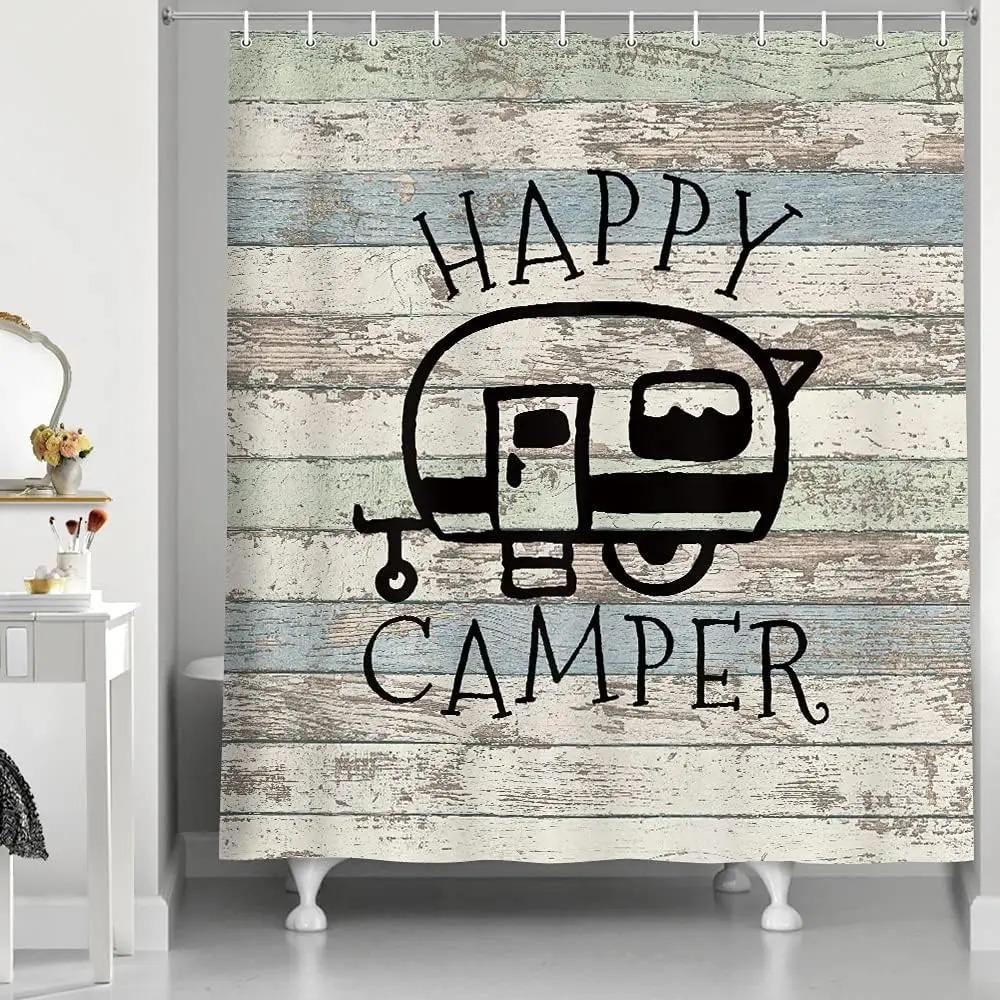 Monika Chen Happy Campers Printed Shower Curtain Retro Rustic Wood Style Small Size For Bathroom Decor