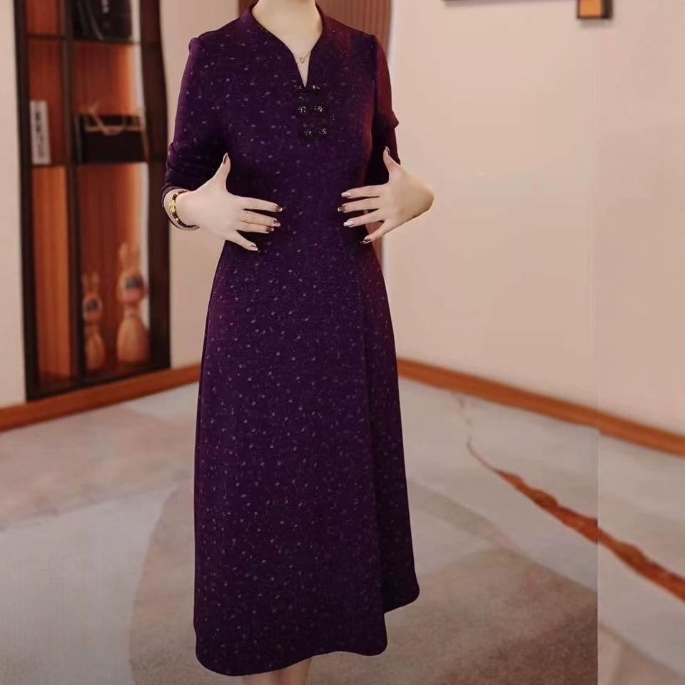 2025 Spring/Autumn Elegant Waist-Slimming Midi Dress for Middle-Aged & Elderly Women