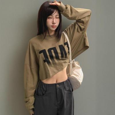 New Arrivals Open Run Women VinTage CoTTon Loose FiT CuTTing Crop Long Sleeve T 