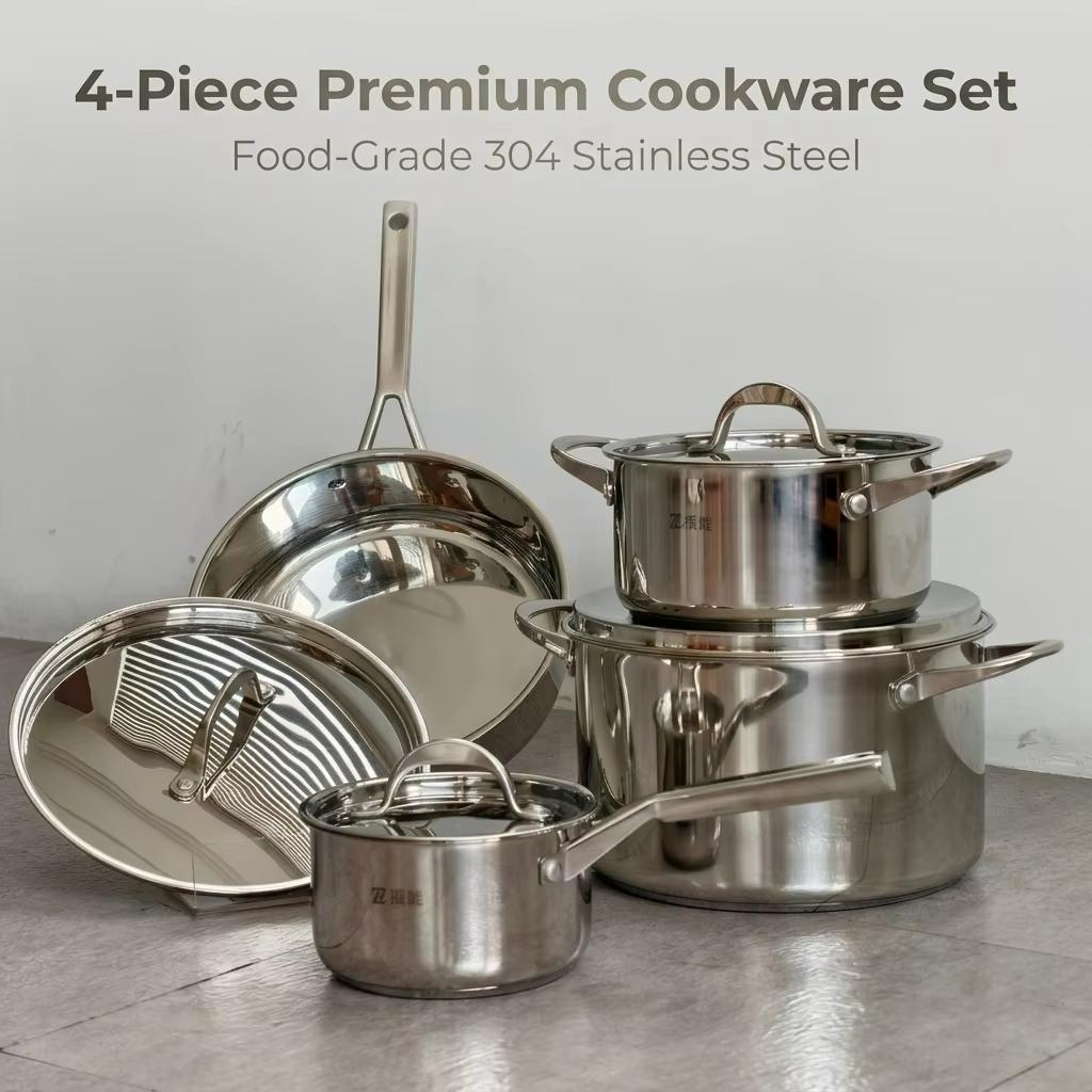 High-End 4-Piece 304 Stainless Steel Cookware Set Mirror Shine Tri-Ply Encapsulated Base Induction Gas Safe BSCI Factory OEM