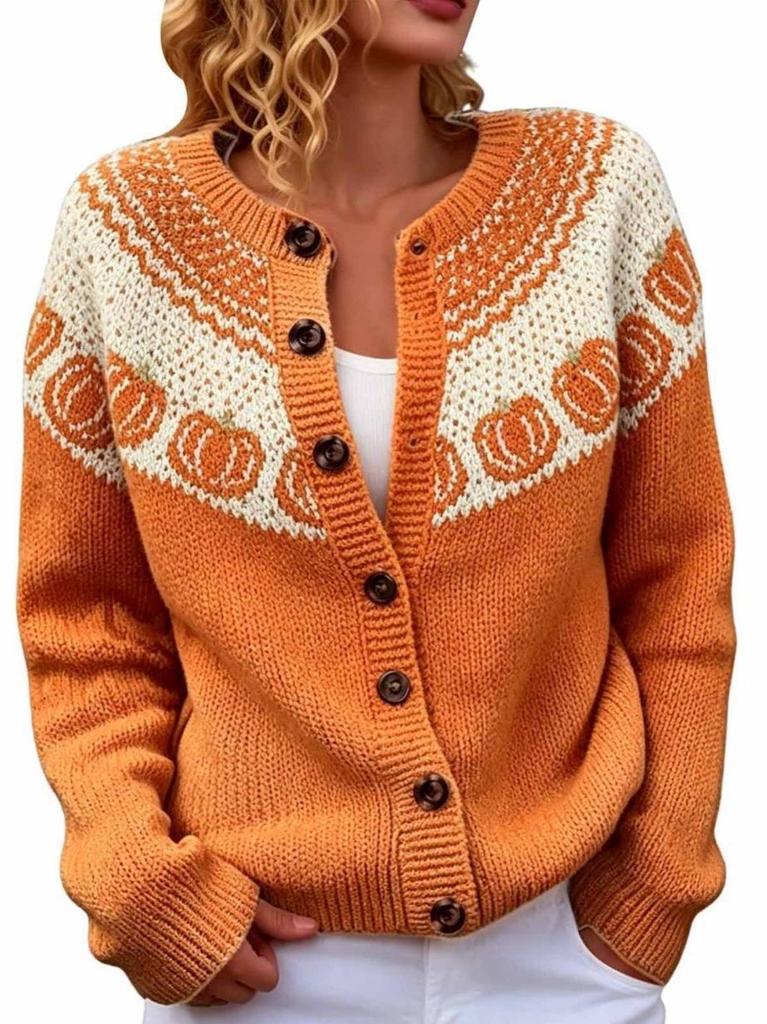 Fair Isle Color Block Single-Breasted Cardigan - Women's Autumn/Winter Knitwear