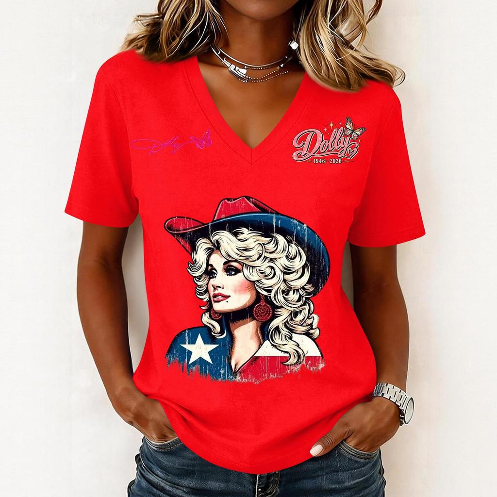 Women's Trendy Casual V-Neck Short Sleeve Letter Print Pullover Top for Everyday Wear