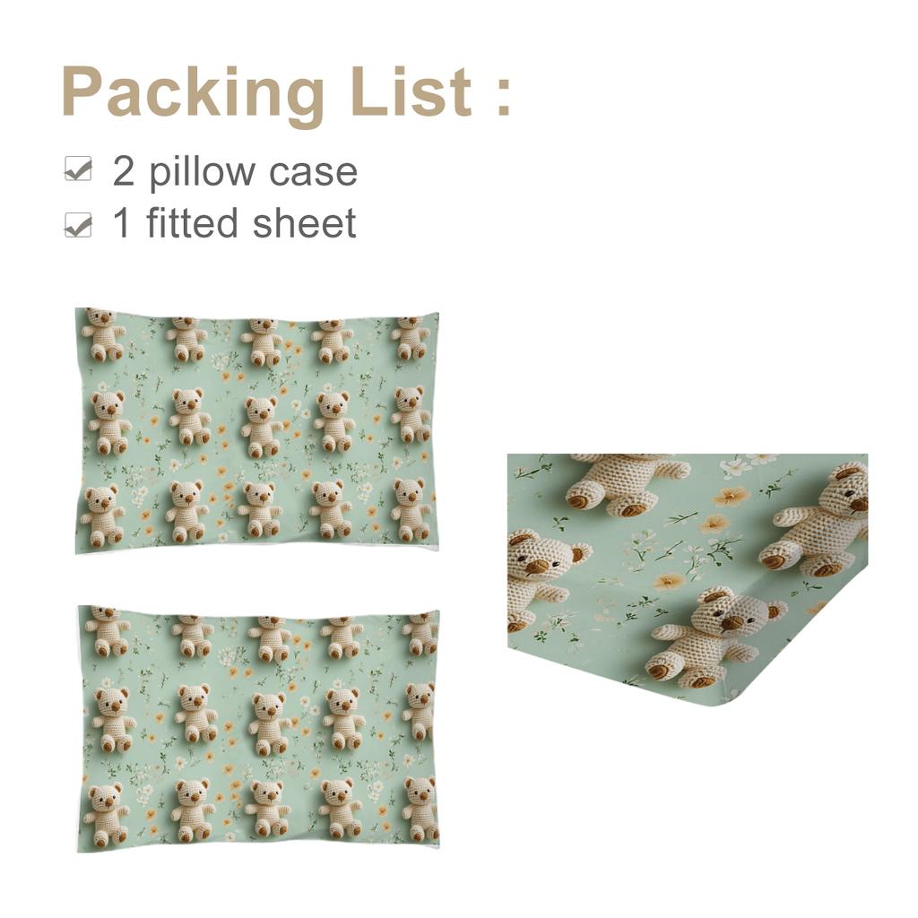 3-Piece Bed Set With White Flower Mohair Bear, With 2 Pillowcases, Suitable For Living Room And Bedroom (Boy, Childhood, Gift)