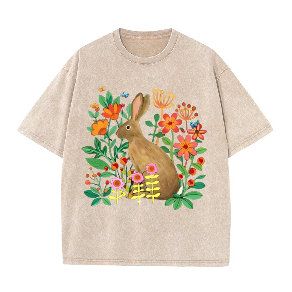 2026 Vintage Floral Wild Rabbit Butterfly Graphic Beige Washed T Shirt Countryside Garden Cute Animal Casual Oversized Unisex Sh
