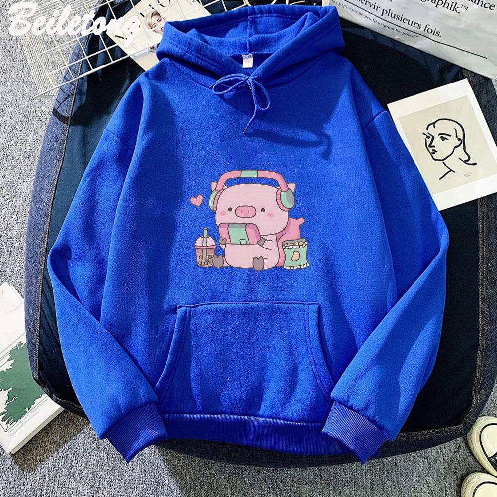 Cute Little Piggy Gamer with Headphones Hoodies Women Kawaii Streetwear Sweatshirts Graphic Pullovers Clothing