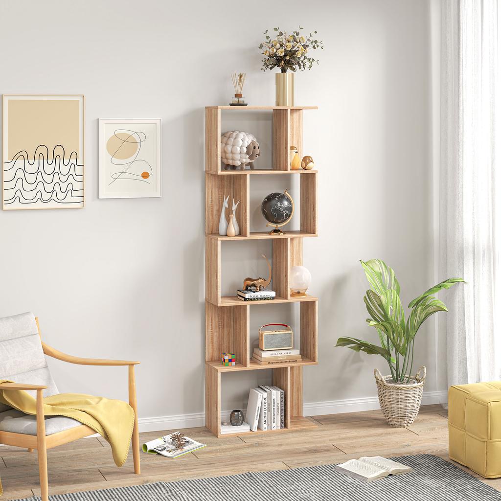 5 Tier Bookshelf S Shaped Storage Shelf With Shelves 60 X 24 X 184.5 Cm Natural Wood Effect