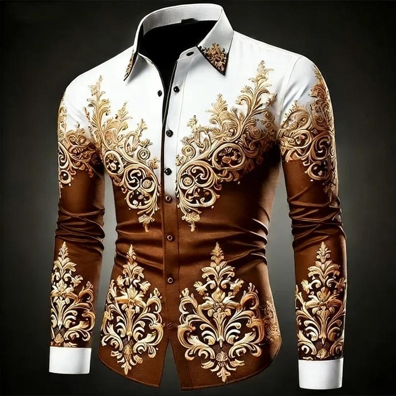 Men's Plus Size Hawaiian Shirt Long Sleeved Button Up Retro Floral 3D Print Gold Exquisite Pattern Fashionable 12 Colors Availab