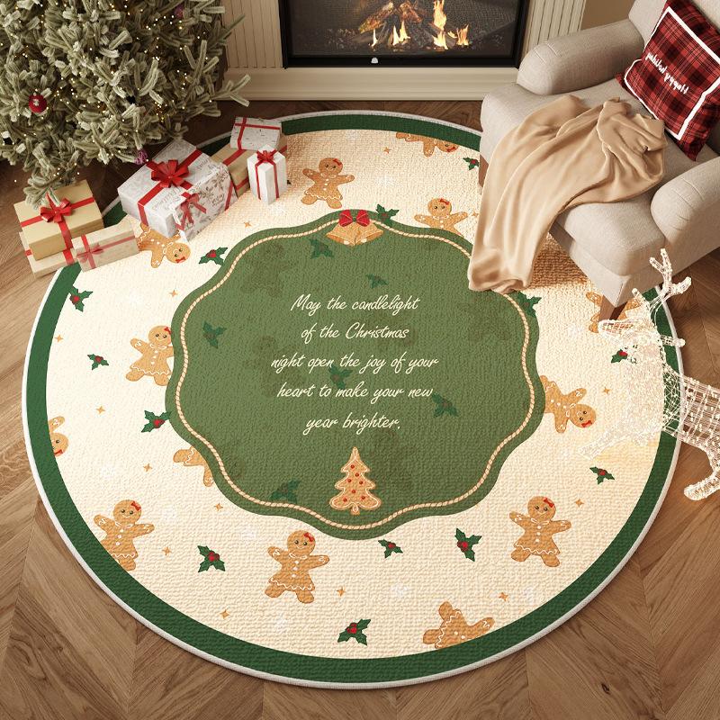 Christmas Round Carpet Plaid Pattern Mat Holiday Anti-slip Decoration Rug for Party Living Room Kids Room Entryway