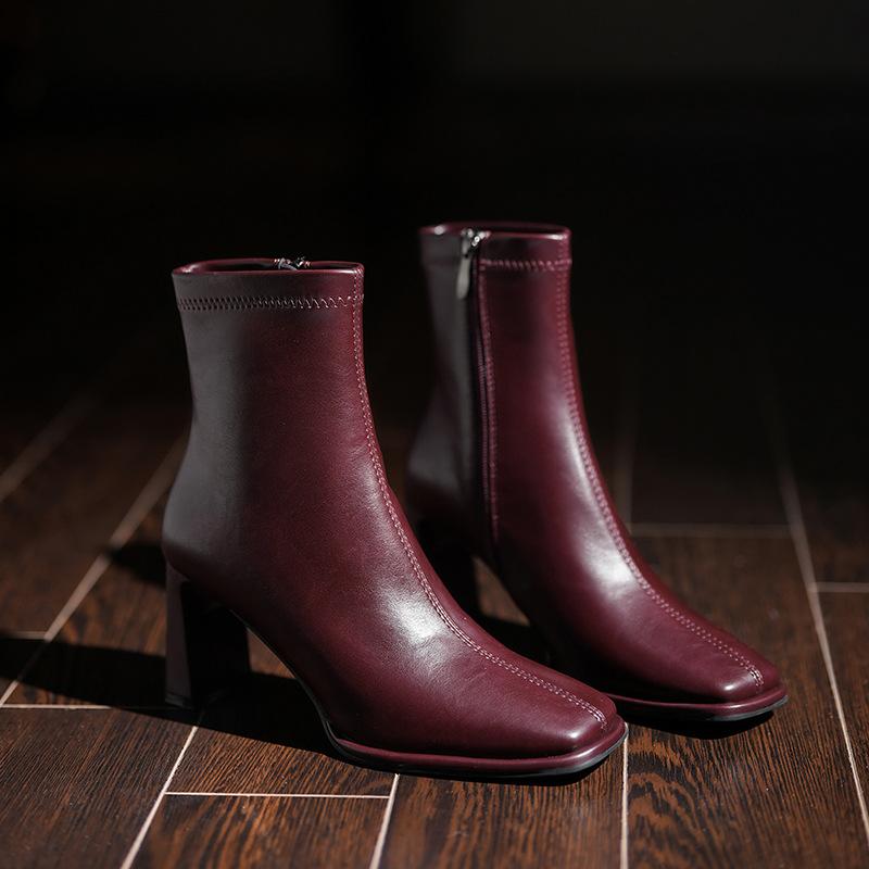 

Simple and versatile thick heel short boots women s head thin boots side zipper solid color fashionable soft leather single boots spring and autumn 35