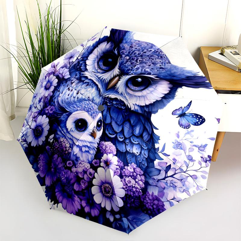 Flower Owl pattern, automatic folding umbrella, portable and foldable design, 8 ribs, a Christmas or birthday gift.