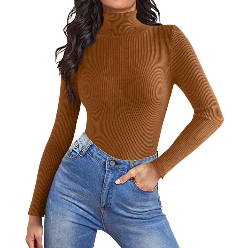 Women's Fashion High Neck Slim T-Shirt Long Sleeve Pullover Solid Colour Top