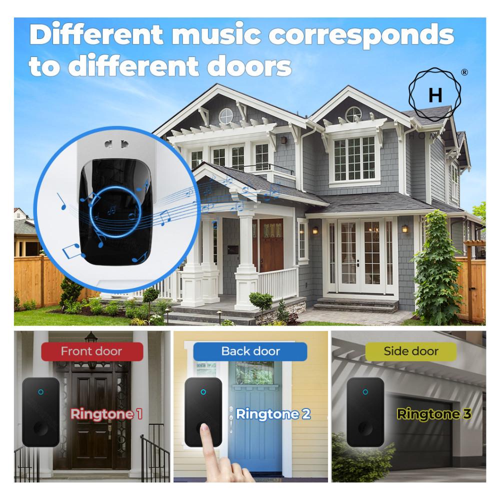 HOMLLY Self-Powered Wireless Waterproof Electric Door Bells with 60 Chimes & 5-Level Volume LED Flash