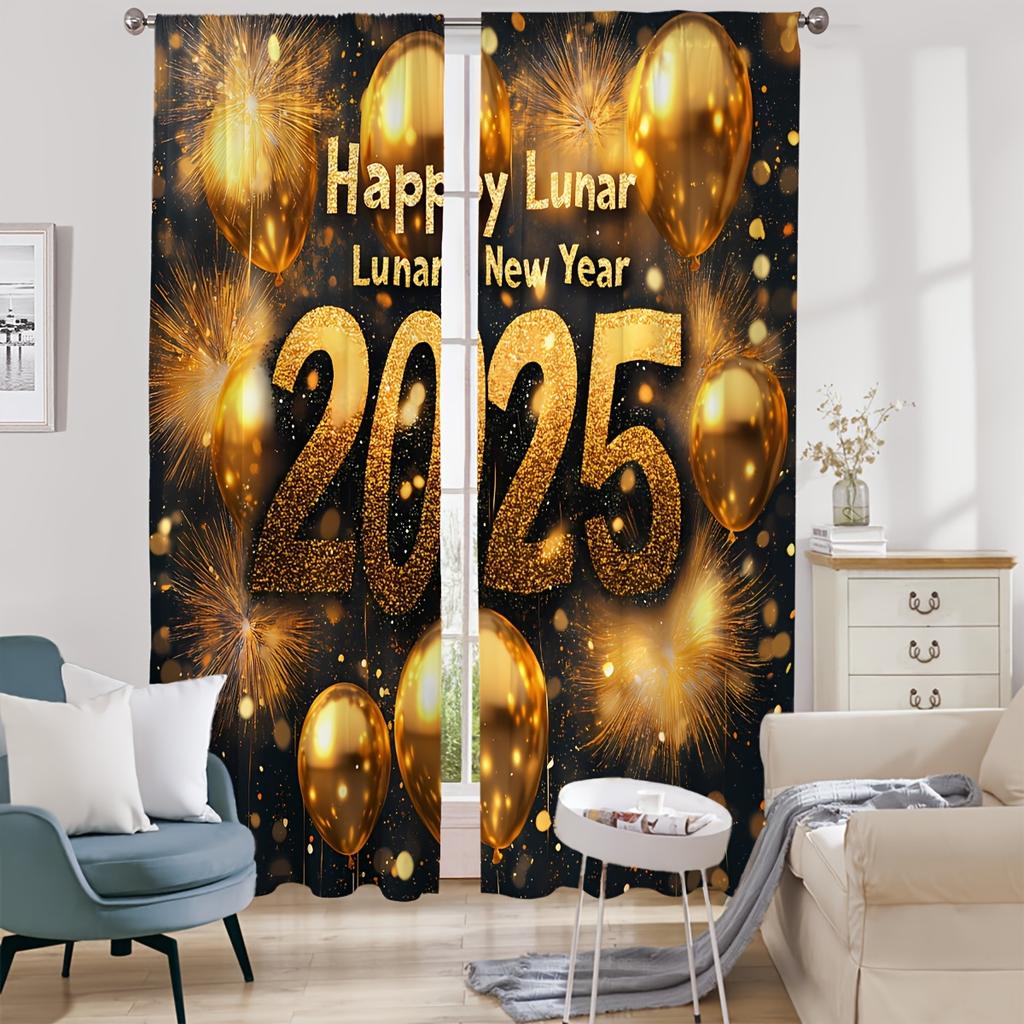 2pcs Classic Happy New Year Fireworks Balloon Clock Digital Floral Printed Curtains for Living Room Bedroom Study Dining Room