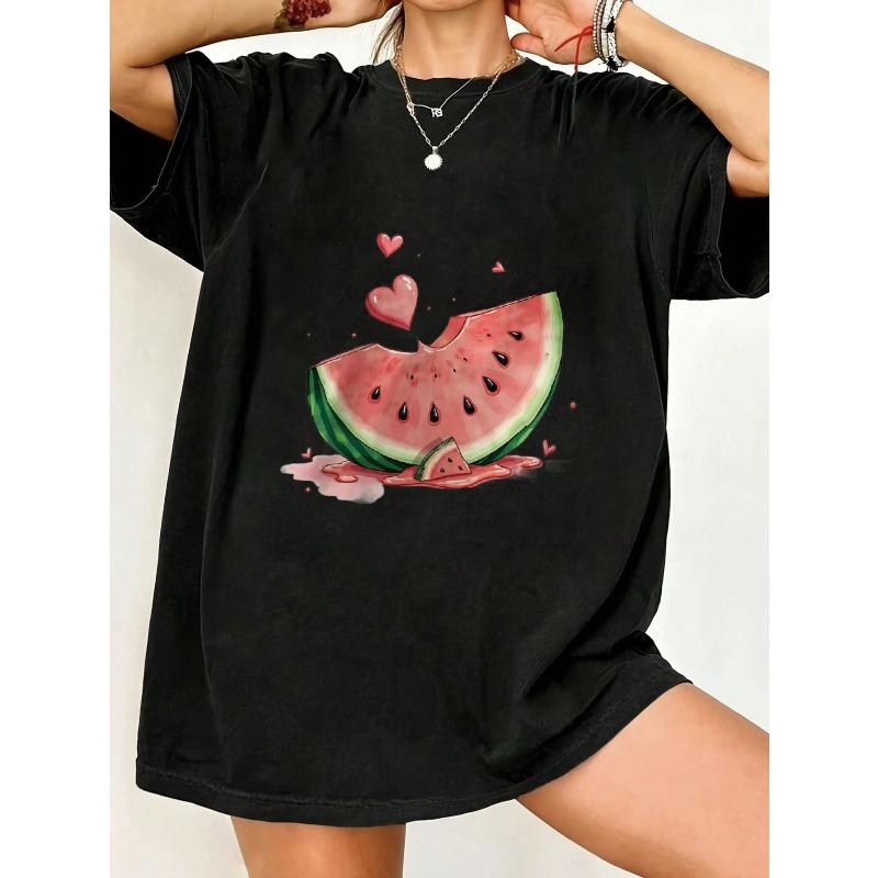 Oversized T Shirt Black Watermelon Slice With Hearts Print Summer Casual Wear