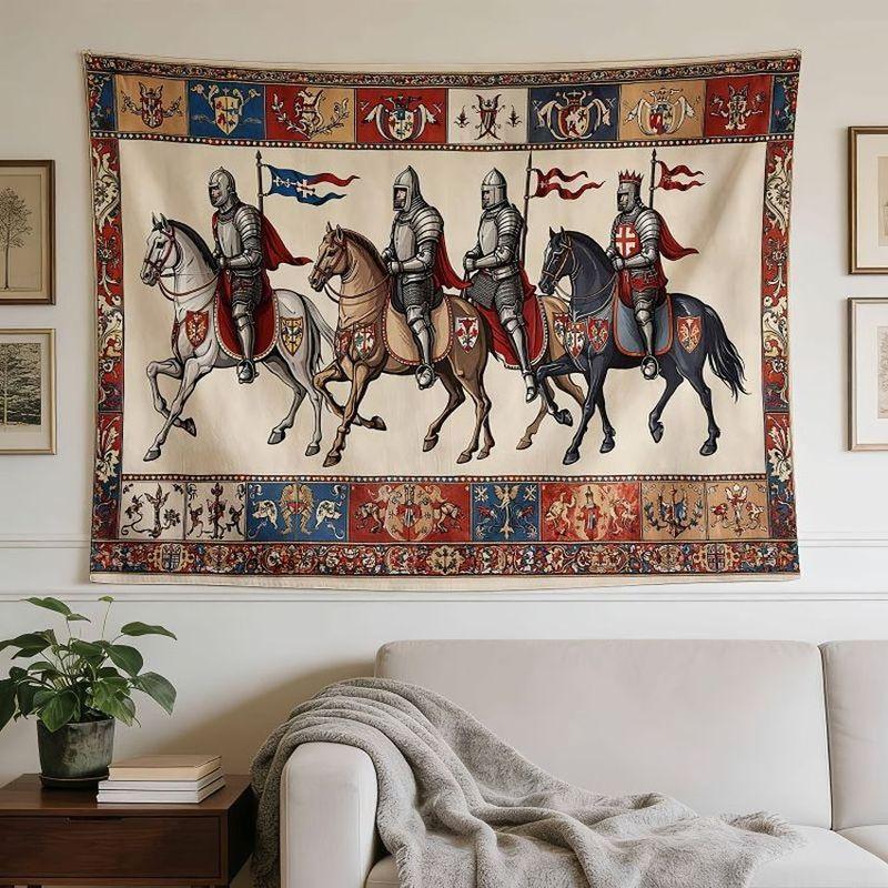 Medieval Knight Horse Coat Of Arms Wall Tapestry Beige Red Blue Armor Rider Flag Crest Border Vintage Art Bedroom Living